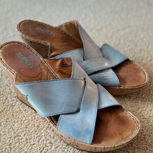 Born Leather Blue Wedge Sandals
